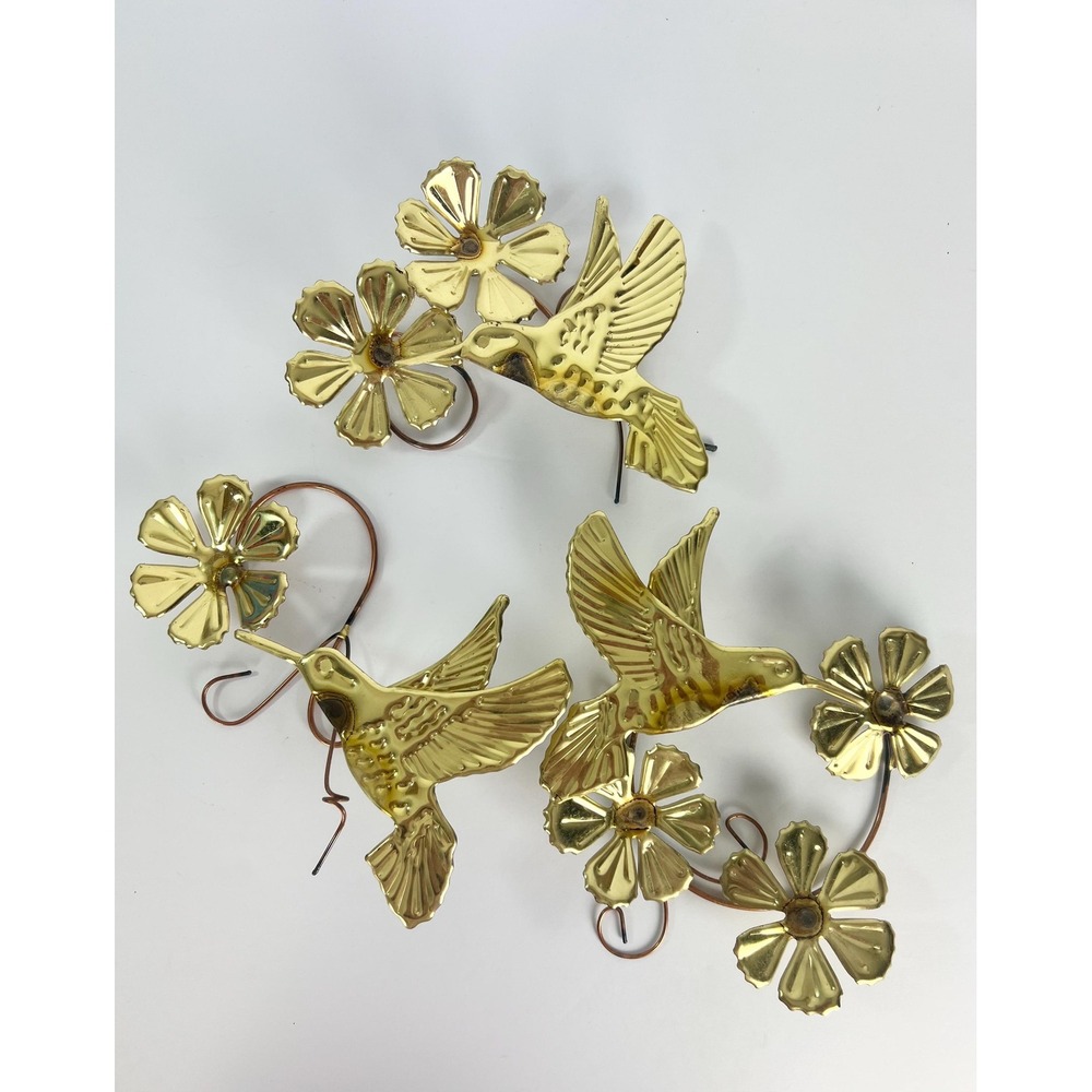Vintage Metal Art Hummingbirds Set of Three Gold Tone Wall Decor Homco 80s/90s